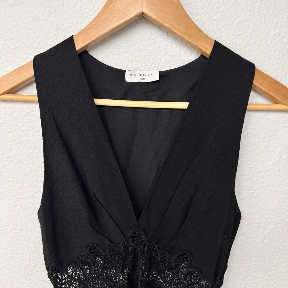 Sandro Paris Dress‎ 36 Elena Black Sleeveless V Neck Sheer Lace Panel Fit Flare - Picture 7 of 10